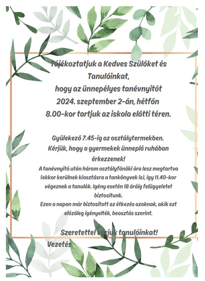 Tanévnyitó tájékoztató